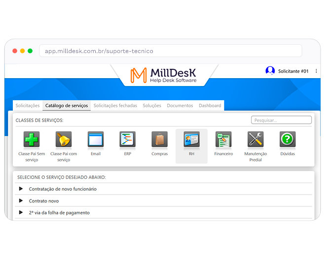 Catálogo de servicios del sistema de soporte técnico Milldesk, con clases de servicio y solicitudes