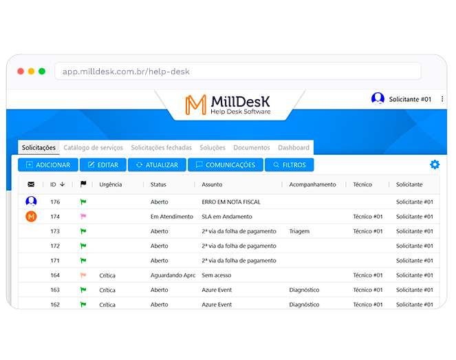 Lista de solicitudes del sistema de help desk Milldesk, con ID, urgencia, estado, técnico y solicitante