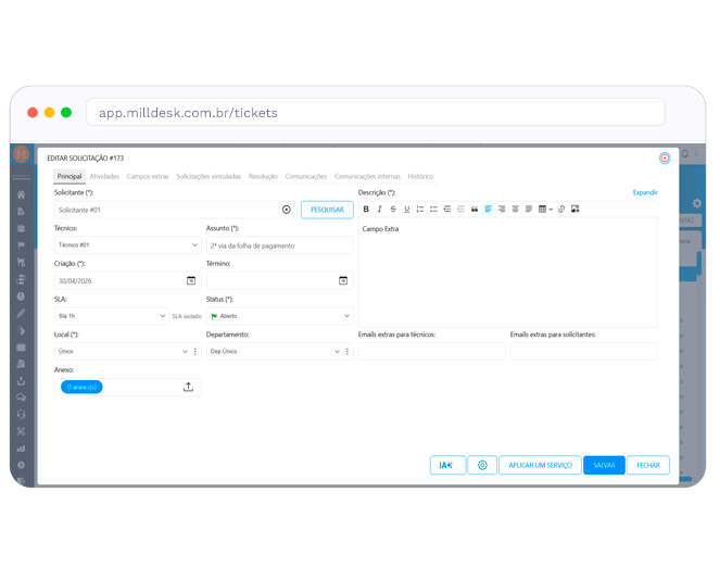 Pantalla de edición de ticket en el sistema de tickets Milldesk, con técnico, SLA, estado y descripción