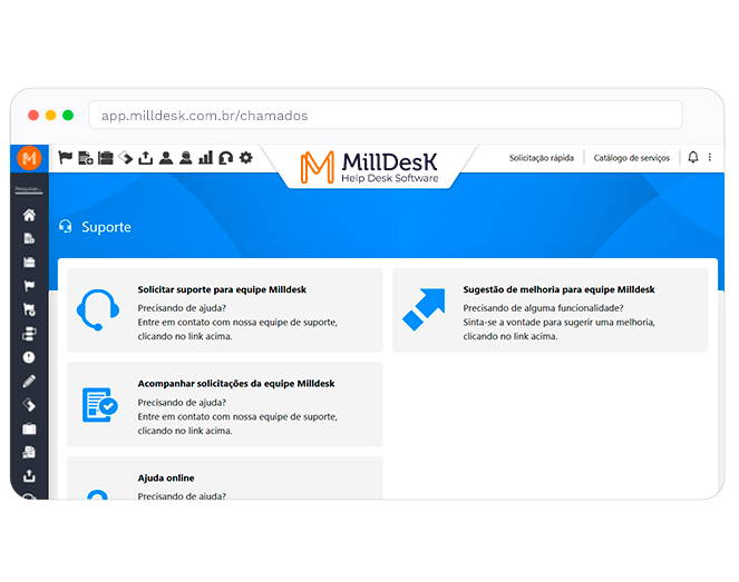 Pantalla de soporte y apertura de tickets en Milldesk, con opciones para solicitar soporte y seguir tickets